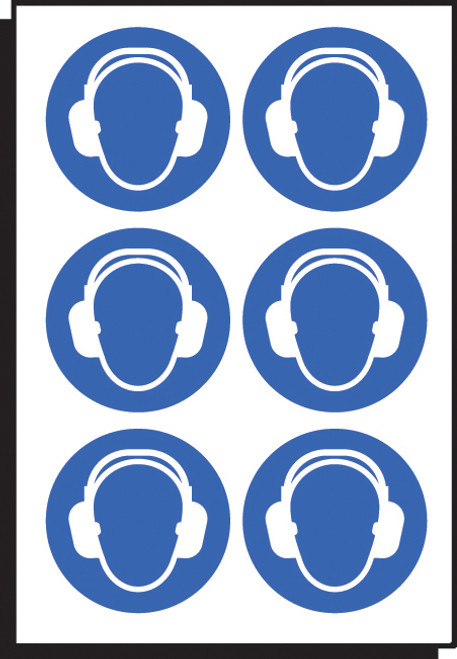 Ear protection symbol 50mm dia - sheet of 6 - Safety Sign