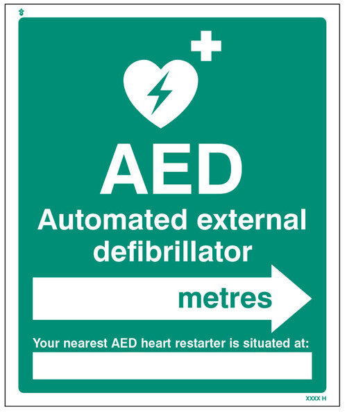 AED located in XXX metres - arrow right - Safety Sign AED located in XXX metres - arrow right - Safety Sign