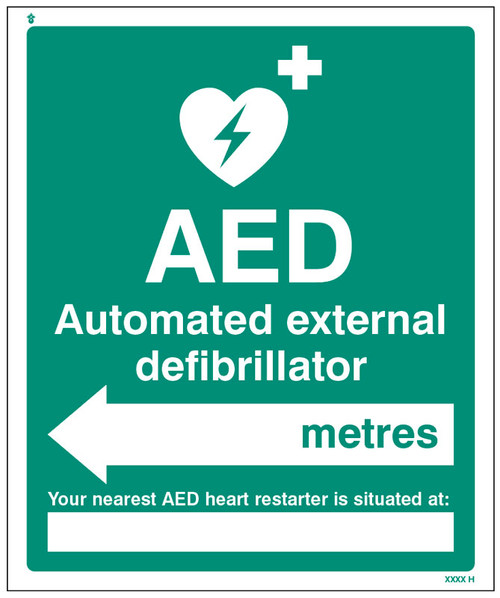 AED Located In X Metres - Arrow Left - Safety Sign AED Located In X Metres - Arrow Left - Safety Sign