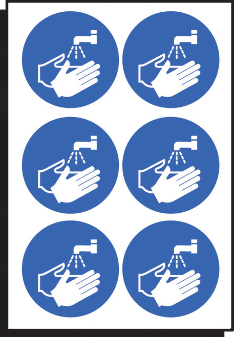 Wash hands symbol 65mm dia - sheet of 6 - Safety Sign Wash hands symbol 65mm dia - sheet of 6 - Safety Sign