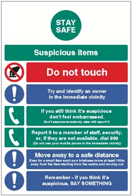 Stay safe - suspicious items info - Safety Sign