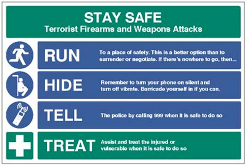 Stay safe - run, hide, tell, treat - Safety Sign