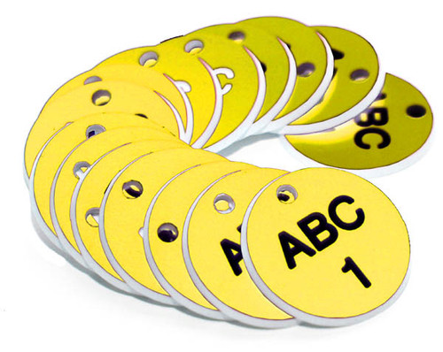 38mm Engraved Valve Tags - 50 sequential numbers - (eg. 1-50) Black text on yellow 38mm Engraved Valve Tags - 50 sequential numbers - (eg. 1-50) Black text on yellow