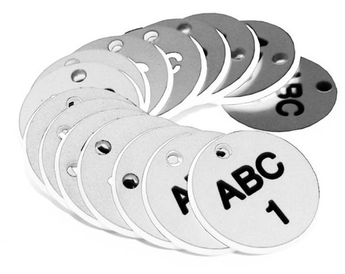 27mm Engraved Valve Tags - 50 sequential numbers - (eg. 1-50) Black text on white 27mm Engraved Valve Tags - 50 sequential numbers - (eg. 1-50) Black text on white