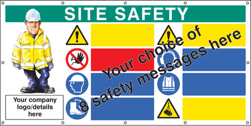 Site safety, multi-message, design your own custom banner c/w eyelets 1270x2440mm - Safety Sign Site safety, multi-message, design your own custom banner c/w eyelets 1270x2440mm - Safety Sign