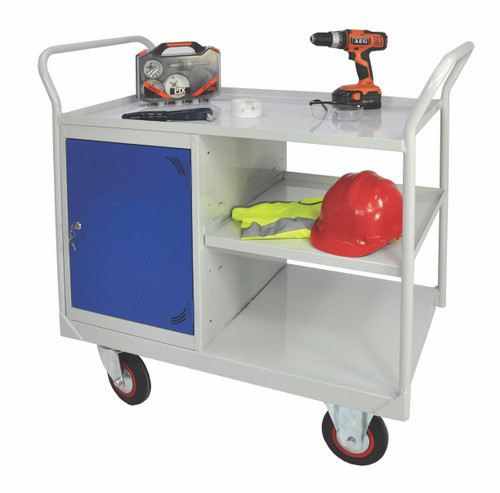 Mobile Maintenance Trolley -  Cupboard & Side Shelf - Blue - Steel Worktop