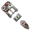 Rhinestone Antique Silver Western Floral Engraved Hand Polished Belt Buckle Set Fits 3/4"(19mm) Belt (FernGreen-LtSiam)