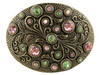 Rhinestone Crystal Antique Brass Oval Floral Engraved Buckle Fits 1-1/2"(38mm) Belt (Peridot - Light Rose - Light Rose AB)