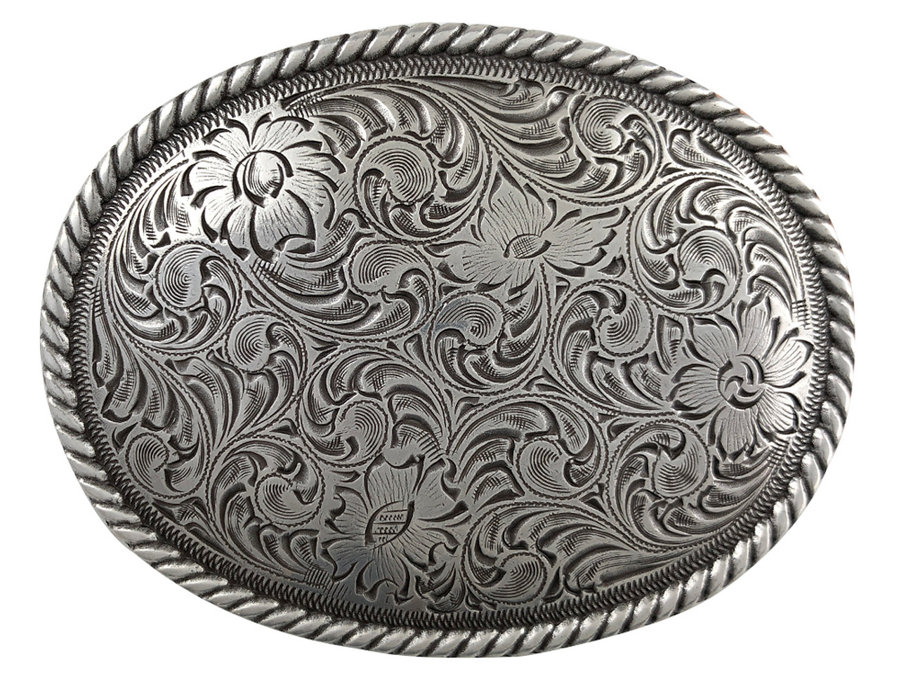 Western Antique Silver Floral Engraved Pattern Rope Edged Belt