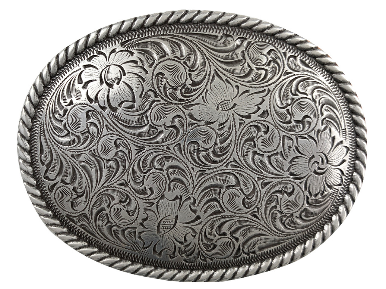 Western Antique Silver Floral Engraved Ornate Belt Buckle