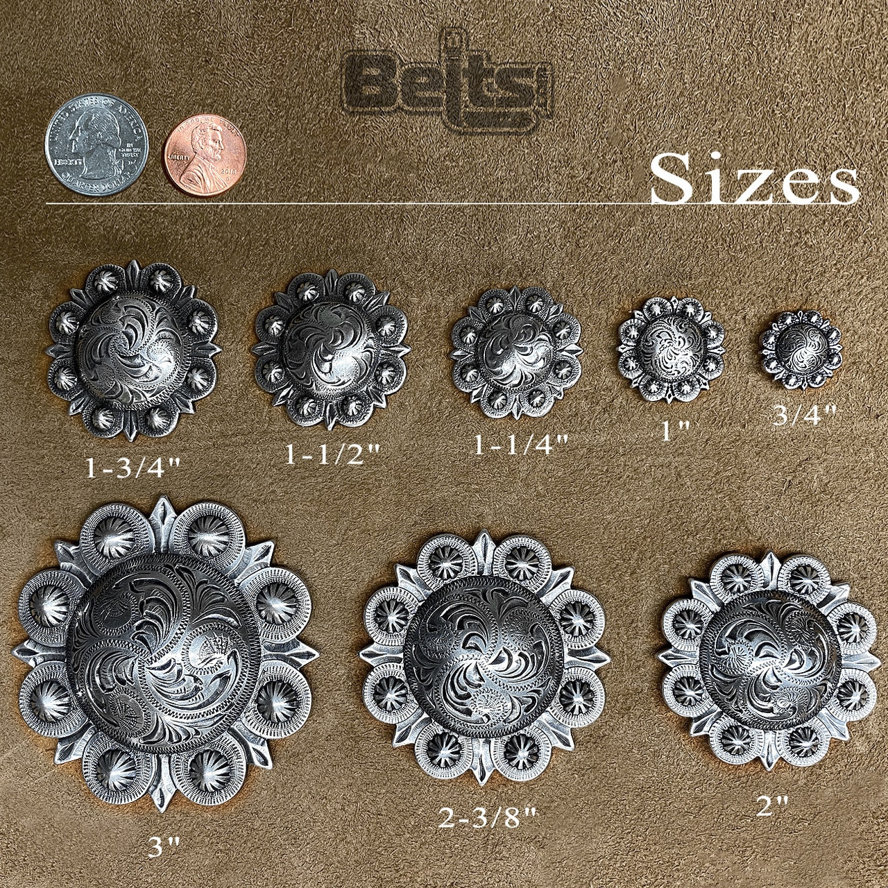 WESTERN SADDLE HORSE TACK ANTIQUE ENGRAVED BERRY CONCHOS screw back Multi size e