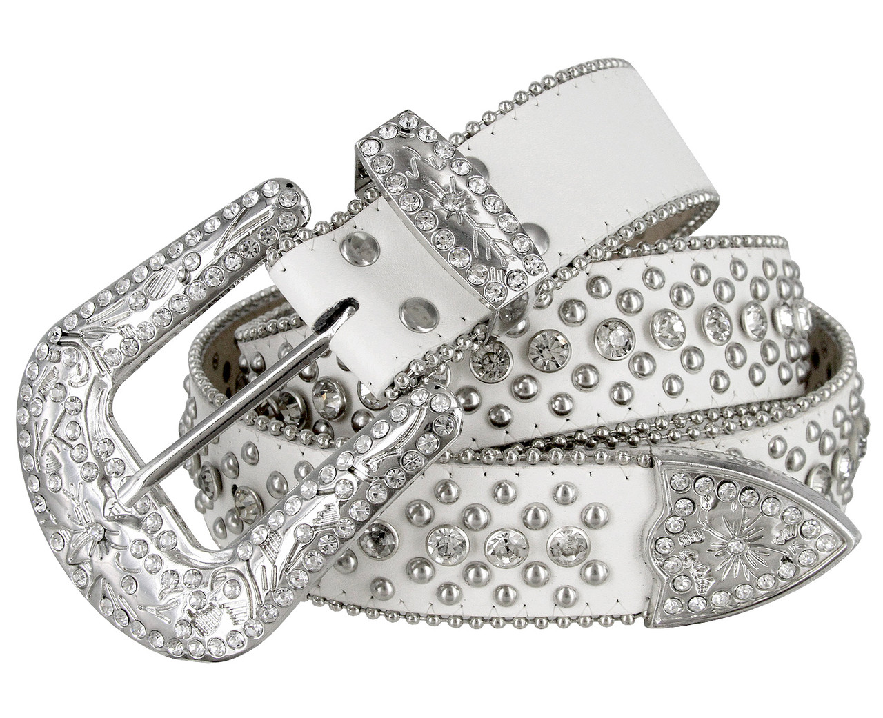 50116 Women Rhinestone Belt Fashion Western Cowgirl Bling Studded Design  Leather Belt 1-1/2(38mm) wide-White