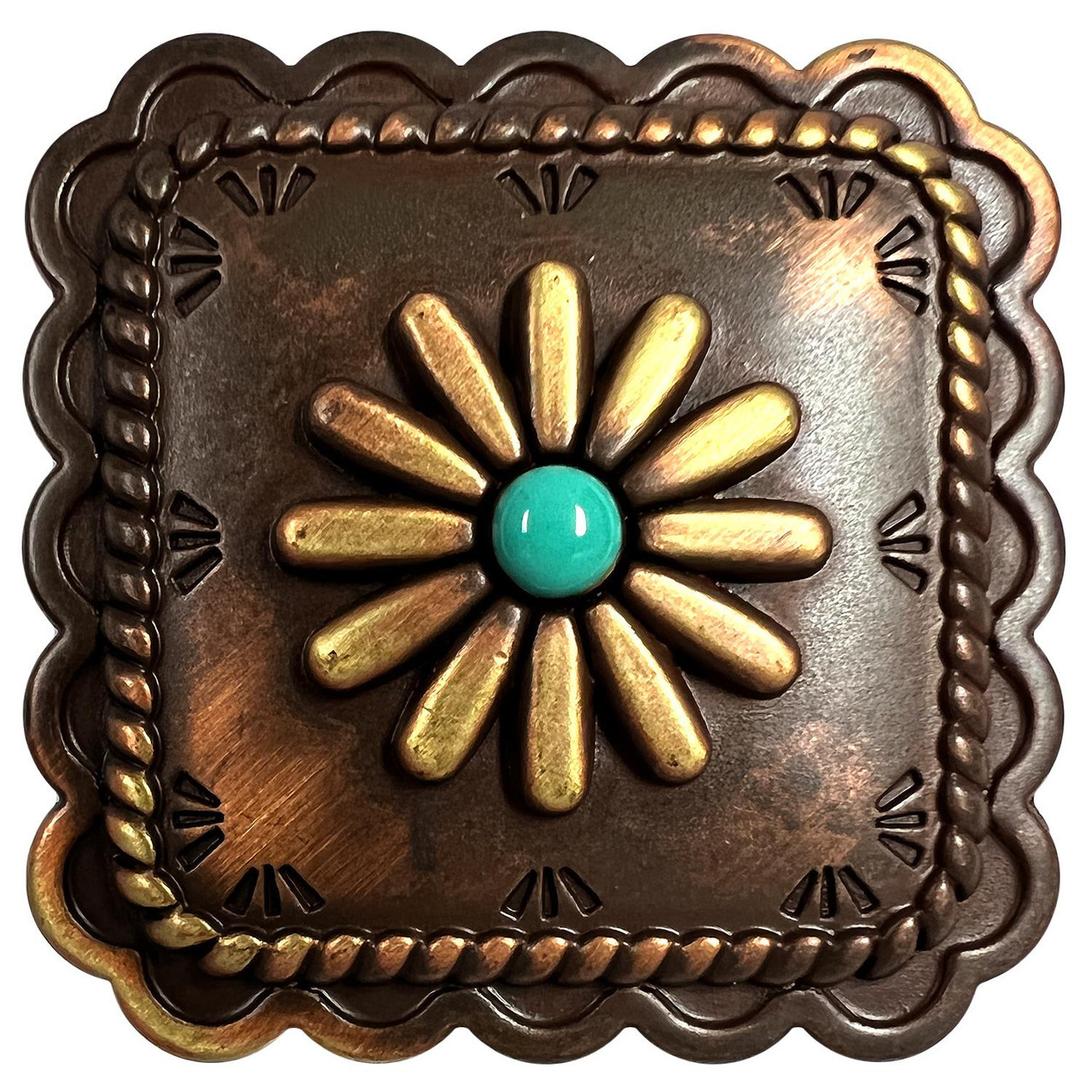 FA6344 MOEB61-TQ Antique Gold with Turquoise Color Western Rope Edge  Scalloped Engraved Square Concho Screwback