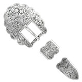 S5400 LASRP Western Floral Engraved Scallop Edge Hand Polished Belt Buckle Set Fits 3/4"(19mm) Belt (Antique Silver)