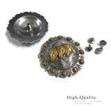 BS9282 SRTPGP 2-3/8" Antique Gold Engraved Three Horse Head Berry Concho Screwback