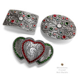 Rhinestone Crystal Belt Buckle Antique Silver Rectangle Floral Engraved Buckle (Crystal-LtSiam-FernGreen-Tangerine)