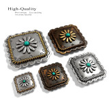 FA6344 ASAG-TQ   Antique Gold with Turquoise Color Western Rope Edge Scalloped Engraved Square Concho Screwback