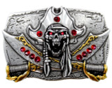 Rhinestone Unique Buckle Antique Pirate Skull Engraved Punk Belt Buckle (Siam - Lt Siam)