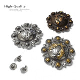 FA6547 ASAG Antique Gold Western Engraved Crossed Pistols Berry Concho Screwback