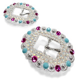 Rhinestone Bridle Headstall Center Bar Buckle Fits ¾" to 1" Wide Belt Strap (WhiteOpal-Fuchsia-Turquoise)