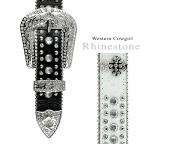 50124 Women Rhinestone Belt Fashion Western Cowgirl Bling Studded  Fleur-de-lis Concho Leather Belt 1-1/2(38mm) wide-Black