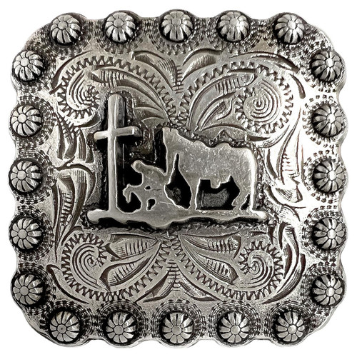 Square Floral Antique Silver Buckle with Chicago Screws