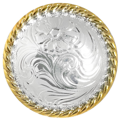 F9819-2 SP/GP 3/4" Bright Silver & Gold Rope Edge Western Engraved Concho F9819-2 SP/GP 3/4" Bright Silver & Gold Rope Edge Western Engraved Concho