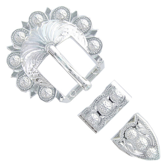 BS8649 SP Western Floral Engraved Hand Polished Belt Buckle Set Fits 3/4"(19mm) Belt (Bright Silver)