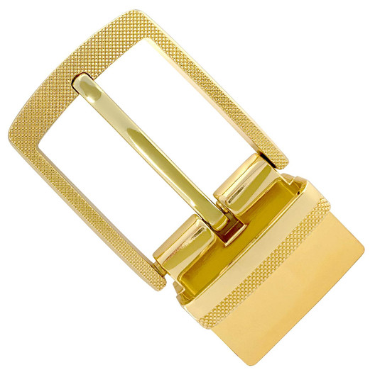 Z35274R-Clamp-GP Round Edge Checkered Engraved Polished Reversible Belt Buckle Fits 1-3/8"(35mm) wide belt strap (Gold Plated)