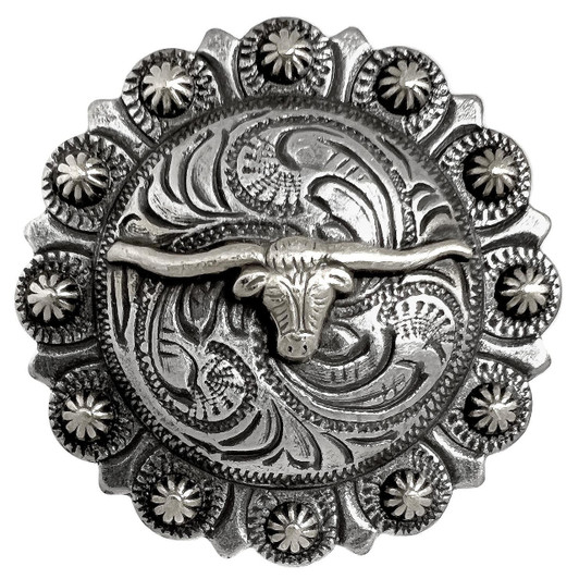 BS9265 SRTP Antique Western Floral Longhorn Steer Engraved Berry Concho Screwback
