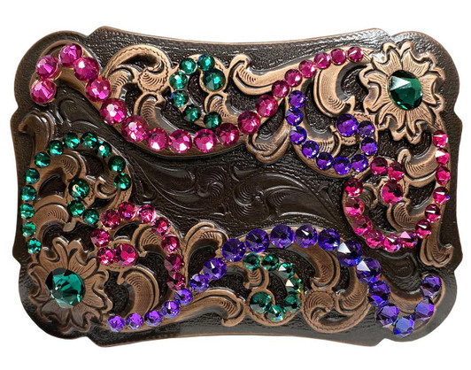 Rhinestone Western Floral Scroll Engraved Copper Belt Buckle Fits 1-1/2"(38mm) Belt Strap (Emerald - Fuchsia - Heliotrope)