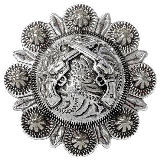FA6547 LASRP Antique Silver Western Engraved Crossed Pistols Berry Concho Screwback