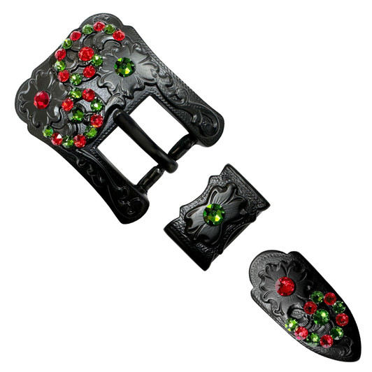 Rhinestone Black Western Floral Engraved Hand Polished Belt Buckle Set Fits 3/4"(19mm) Belt (FernGreen-LtSiam)