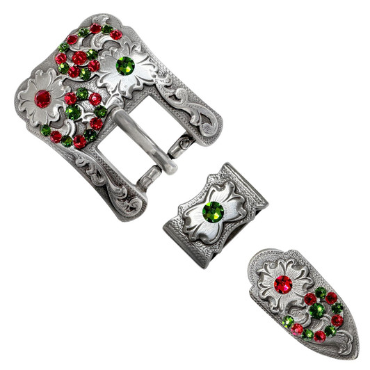 Rhinestone Antique Silver Western Floral Engraved Hand Polished Belt Buckle Set Fits 3/4"(19mm) Belt (FernGreen-LtSiam)