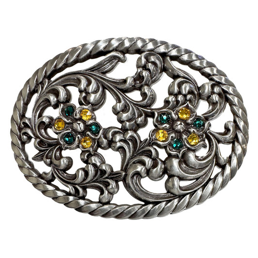 Antique Silver Flower Engraved Rhinestone Buckle Fits 1-1/2"(38mm) Belt (Emerald - Sunflower)