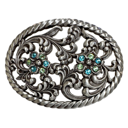 Antique Silver Flower Engraved Rhinestone Buckle Fits 1-1/2"(38mm) Belt (Light Turquoise - Chrysolite)