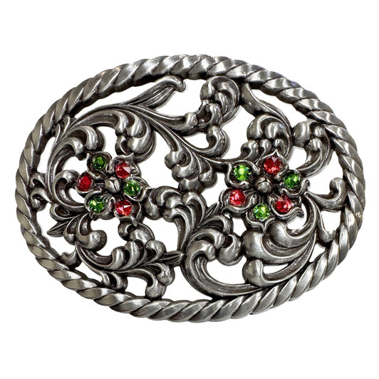 Antique Silver Flower Engraved Rhinestone Buckle Fits 1-1/2"(38mm) Belt (Scarlet - Fern Green)