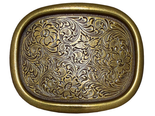 C242 OEB Oval Raised Edge Buckle Floral Scroll Engraved Buckle Fits 1-1/2"(38mm) Belt Strap (Antique Gold)