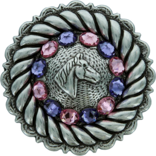 Tanzanite & Lt Rose  Antique Silver Horse Head Rhinestone Concho