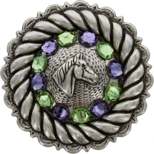 Tanzanite & Peridot Antique Silver Horse Head Rhinestone Concho