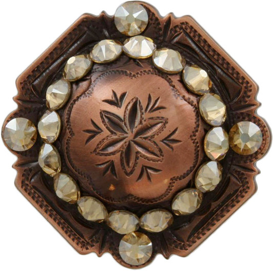 Golden Shadow Copper Engraved Windrose Rounded Square Rhinestone Concho
