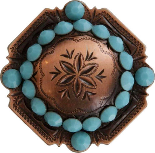 Turquoise Copper Engraved Windrose Rounded Square Rhinestone Concho