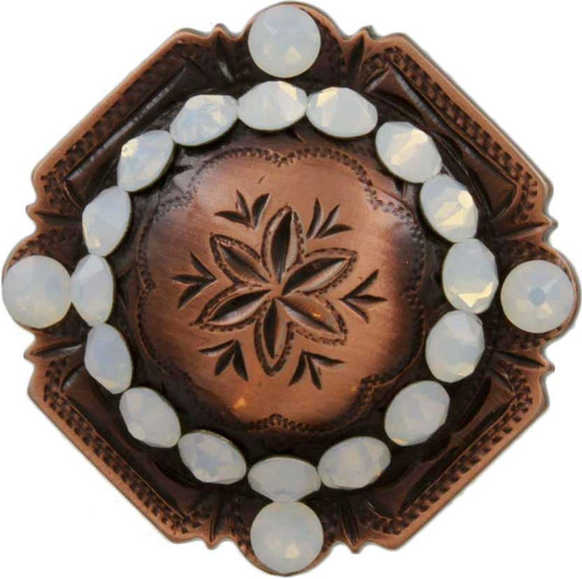White Opal Copper Engraved Windrose Rounded Square Rhinestones Concho