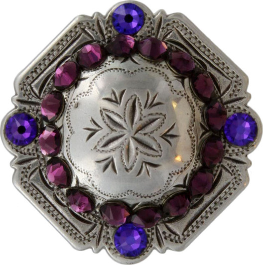 Amethyst & Heliotrope Antique Silver Engraved Windrose Rounded Square Rhinestone Concho