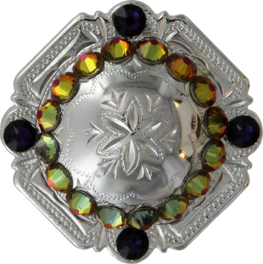 Volcano & Purple Velvet  Bright Silver Engraved Windrose Rounded Square Rhinestones Concho