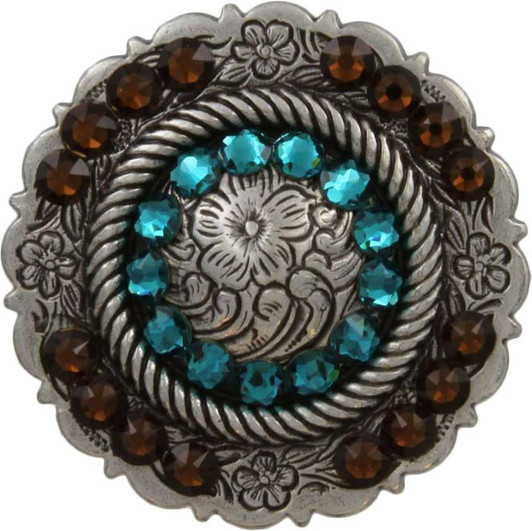 Blue Zircon & Smoked Topaz Antique Silver Center Rope Rhinestone Concho