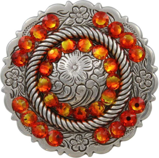 Fire Opal Antique Silver Center Rope Rhinestone Concho