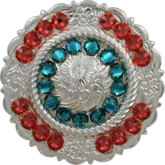 Blue Zircon & Padparadscha Polished Silver Center Rope Rhinestone Concho