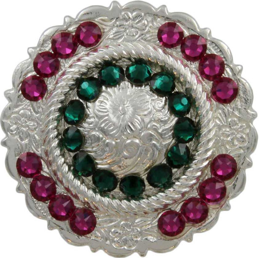 Emerald & Fuchsia Polished Silver Center Rope Rhinestone Concho