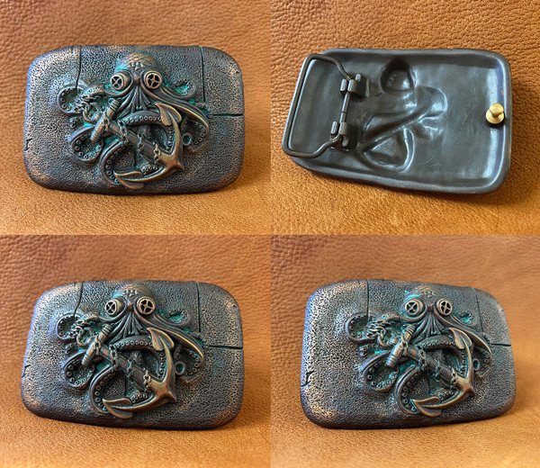 HA2331-1 MOEB Antique Copper Patina Octopus Boat Anchor Engraved Belt Buckle
